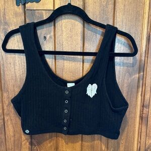 Black Button-Up Crop Top with Ghost Patch